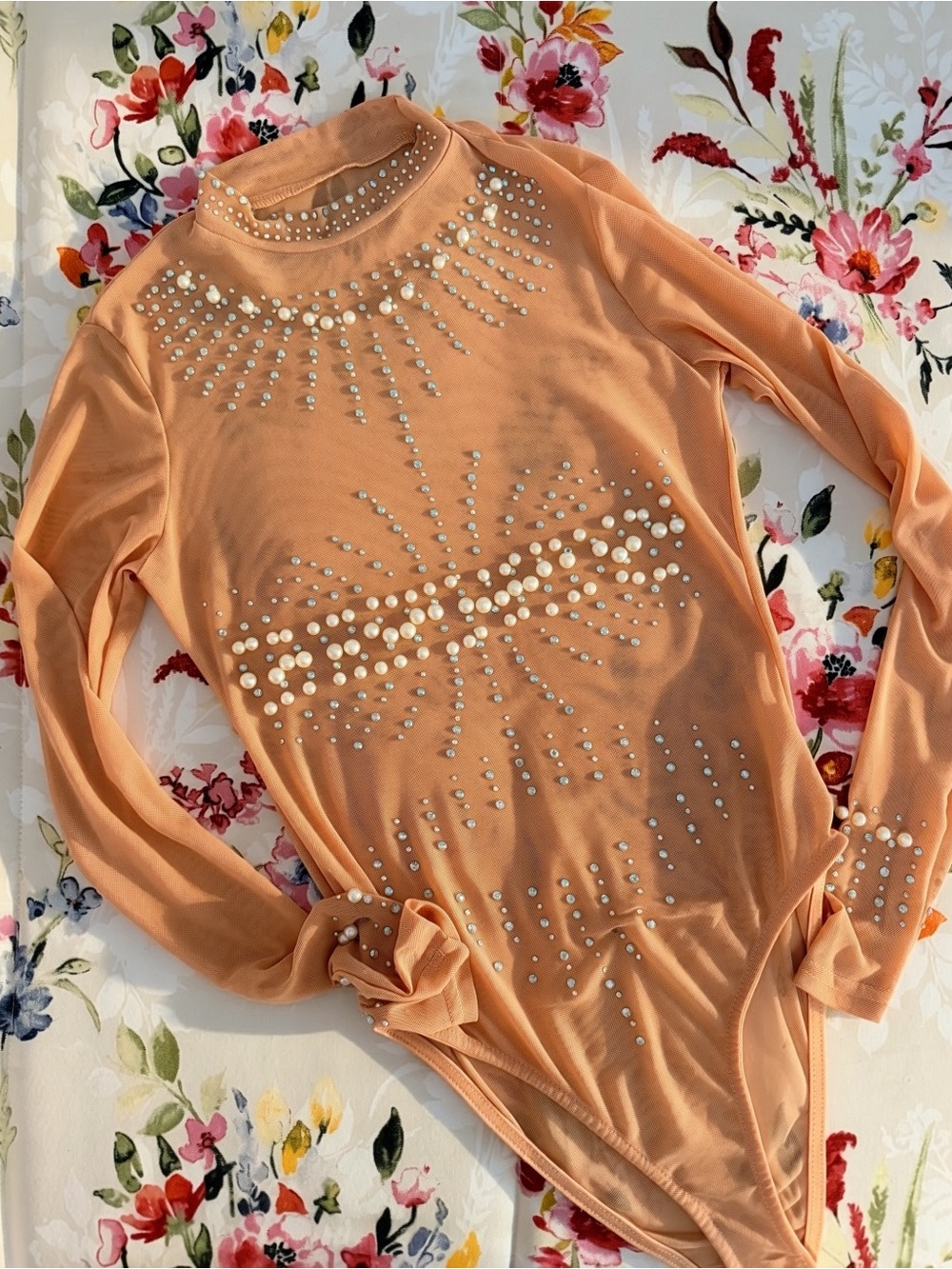Embellished Long-Sleeve Bodysuit - Mesh Elegant Women's Top - Picture 4 of 4